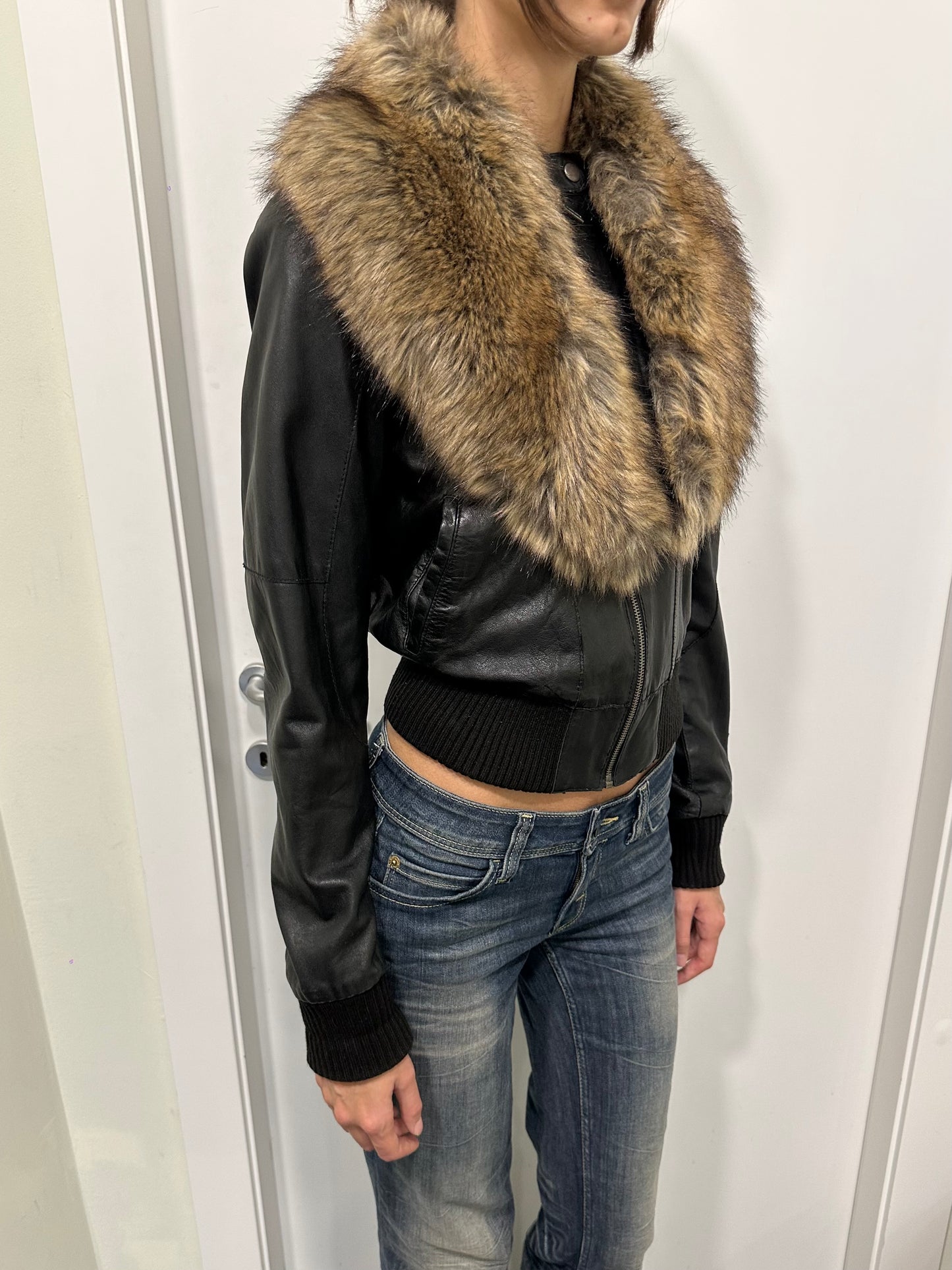 Fur leather bomber