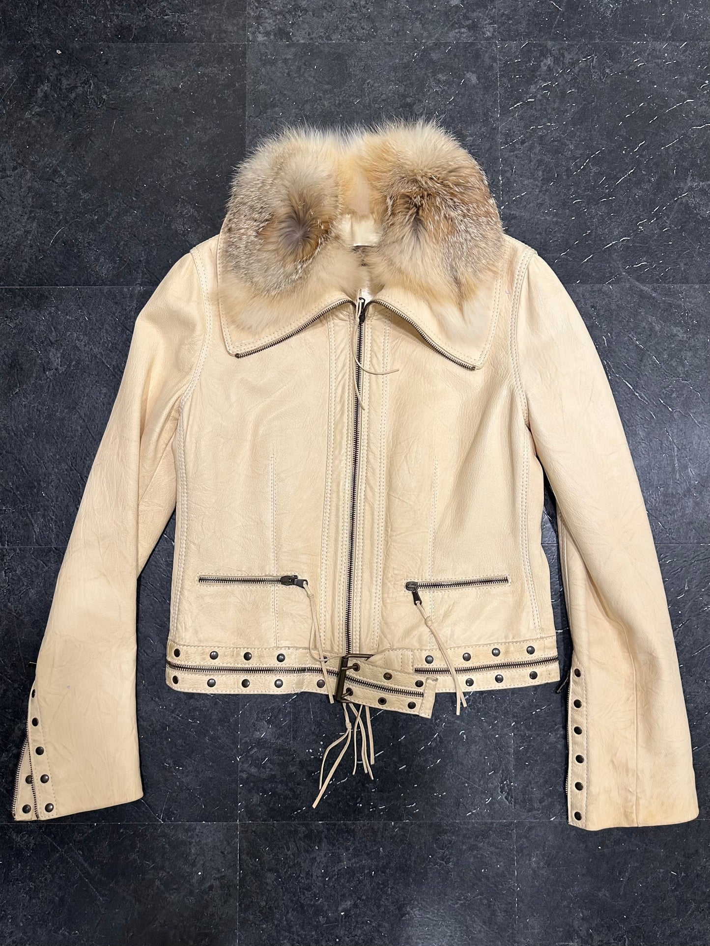 Belted leather jacket