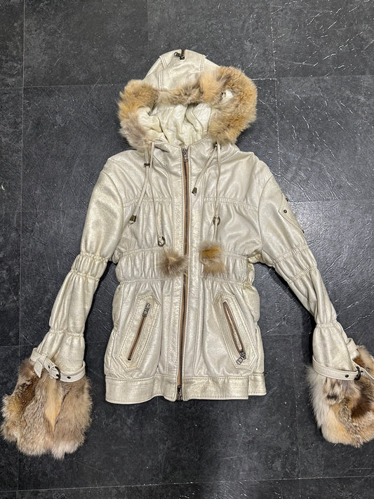 Leather fur puffer jacket